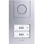M-E MODERN-ELECTRONICS 41186 bedraad audio-deurintercom compleet set voor 2 wooneenheden – zilveren buitenstation, witte binnenstations, 2-draads bus, deuropenerfunctie