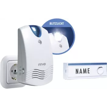 m-e modern-electronics FG1.2 draadloze deurbelset met naamplaatje en flitslicht, wit