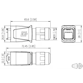 METZ BTR 14010850C0ME industriële IP67 V14 RJ45 stekkerbehuizing, push-pull, leeg