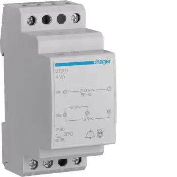 Hager ST301 beltransformator 230V naar 8V/12V AC, 0,5A, DIN-rail