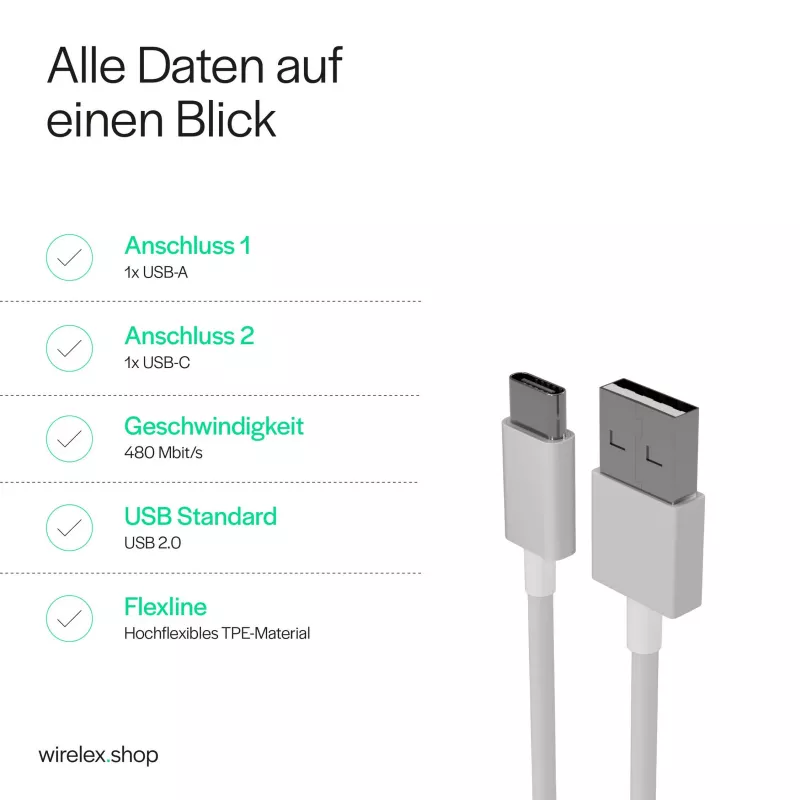 Flexline USB oplaad- & synchronisatiekabel, USB-A naar USB-C, 2.0, ABS, wit, 0,5m (FL31-13040)