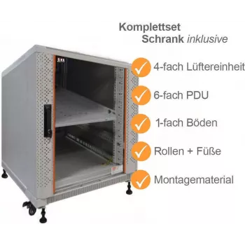 IT-BUDGET 19 inch serverrack SRK compleetset 12U 600x1000 mm glas-/stalen deur met 4 actieve ventilatoren, PDU, legborden, flatpack, lichtgrijs 90ITB19SRK12610GG