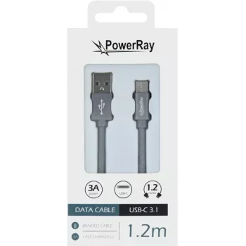 PowerRay datakabel PR-DCUC120TGY USB-A naar USB-C 1,2 m textiel grijs gevlochten snel laden & 5 Gbps gegevenssynchronisatie