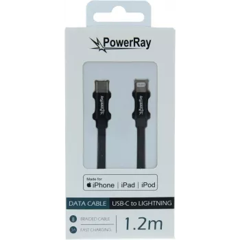 PowerRay USB-C naar Lightning MFi gevlochten data- & laadkabel 1,2m zwart PR-DCCL120TBK