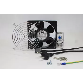 IT-BUDGET compleetset IT-kastventilator met thermostaat - 160 m³/h luchtstroom - 230 V - 1 ventilator, beschermrooster, kabel, thermostaat, schroeven (90ITBLUESET1T)