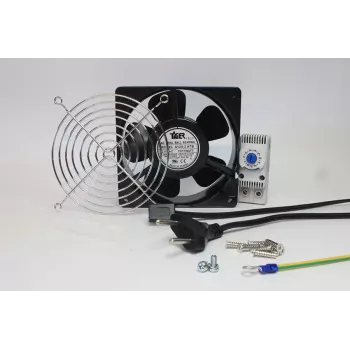 IT-BUDGET compleetset IT-kastventilator met thermostaat - 160 m³/h luchtstroom - 230 V - 1 ventilator, beschermrooster, kabel, thermostaat, schroeven (90ITBLUESET1T)