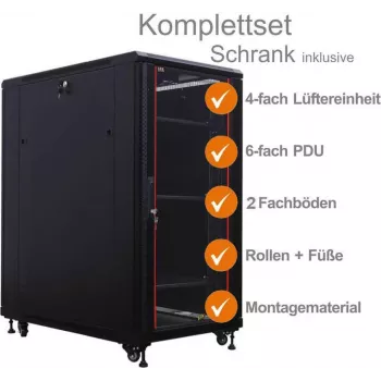 IT-BUDGET 19 inch serverkast SRK compleetset, 27HE, 600x1000 mm, glas-/stalen deur, 4 ventilatoren, PDU, legborden, voorgemonteerd, zwart 99ITB19SRK27610GSM