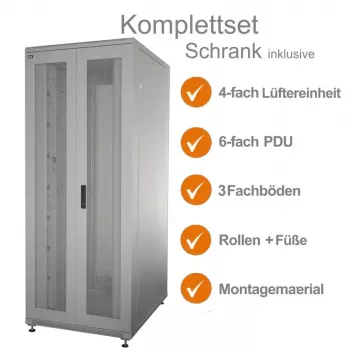 IT-BUDGET 19 inch serverrack SRK compleetset - 42U - BxD 800x1000 mm - geperforeerde dubbele deuren voor + achter - 4 actieve ventilatoren - PDU - legplanken - gemonteerd - lichtgrijs 99ITB19SRK42810DTGM