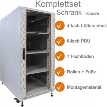 IT-BUDGET 19 inch netwerkkast SRK compleetset - 18U - 600x600 mm - glazen/stalen deur - 4 actieve ventilatoren - PDU - legplanken - flatpack - lichtgrijs 90ITB19SRK1866GG