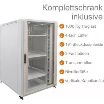 IT-BUDGET 19 inch serverrack SRK compleetset - 27U - 800x1000 mm - glazen/stalen deur - 4 actieve ventilatoren - PDU - legplanken - flatpack - lichtgrijs 90ITB19SRK27810GG