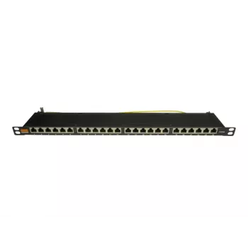 IT-BUDGET 19 inch Superflaches Patch Panel, 0,5U, Volledig Afgeschermd, Cat.6A, 24 Poorten, PoE++, Zwart (90ITBPP6A05S)