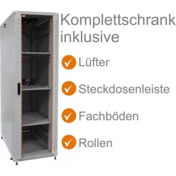 IT-BUDGET 19 inch Netwerkkast SRK Compleetset, 42U, 600x600 mm, Glas-/Stalen deur, 4 ventilatoren, PDU, legborden, voorgemonteerd, Lichtgrijs 99ITB19SRK4266GGM