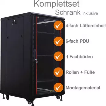 IT-BUDGET 19 inch netwerkkast SRK compleetset - 18U, 600x800 mm, glazen deur voor, stalen deur achter, 4 actieve ventilatoren, PDU, legplanken, voorgemonteerd, zwart 99ITB19SRK1868GSM
