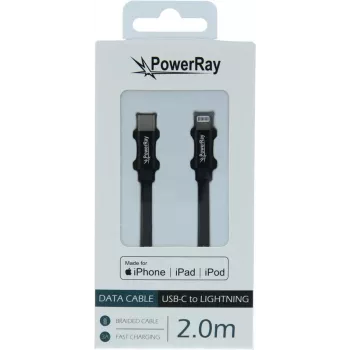 PowerRay USB-C naar Lightning MFi gevlochten kabel 2m zwart PR-DCCL200TBK
