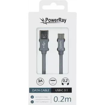 PowerRay datakabel PR-DCUC020TGY, USB-A naar USB-C, 0,2 m, textielgrijs, blister