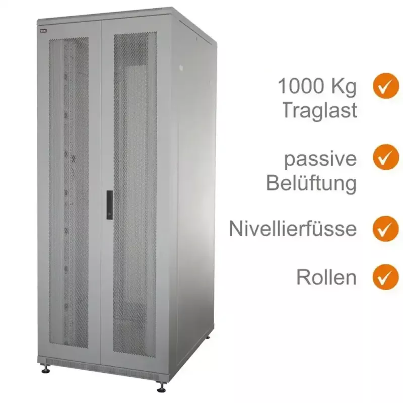 IT-BUDGET 19-serverrack SRK - 42U - BxD 800x1000 mm - geperforeerde dubbele deuren voor + achter - kabelgoten - gemonteerd - lichtgrijs (99ITB19SRK42810DTGNM)