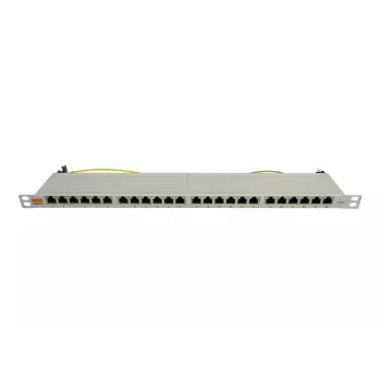 IT-BUDGET 19 inch superflauwe 0,5U volledig afgeschermde Cat.6A 24-poorts PoE++ patchpanel, lichtgrijs 90ITBPP6A05G