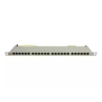 IT-BUDGET 19 inch superflauwe 0,5U volledig afgeschermde Cat.6A 24-poorts PoE++ patchpanel, lichtgrijs 90ITBPP6A05G