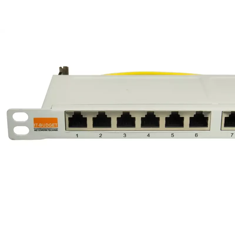 IT-BUDGET 19 inch superflauwe 0,5U volledig afgeschermde Cat.6A 24-poorts PoE++ patchpanel, lichtgrijs 90ITBPP6A05G