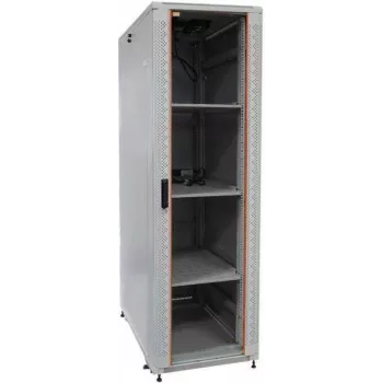 IT-BUDGET 19 inch serverkast SRK compleetset, 42U, 600x1000 mm, glas-/stalen deur, 4 actieve ventilatoren, PDU, legborden, gemonteerd, lichtgrijs 99ITB19SRK42610GGM