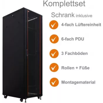 IT-BUDGET 19 inch netwerkkast SRK compleetset - 42U - 600x800 mm - glas-/stalen deur - 4 actieve ventilatoren - PDU - legborden - voorgemonteerd - zwart (99ITB19SRK4268GSM)