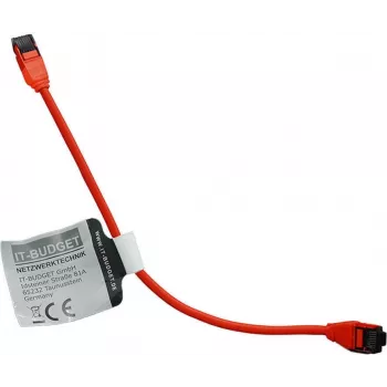 IT-BUDGET Premium Slim Cat.8.1 patchkabel - volledig koper, AWG 28, 2000 MHz, PoE+, 40 Gbit/s, halogeenvrij, rood, 0,15 m 90ITBSLIM81PK015R