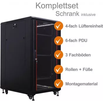 IT-BUDGET 19 inch netwerkkast SRK compleetset - 22U - 600x800 mm - glas-/stalen deur - 4 actieve ventilatoren - PDU - legborden - gemonteerd - zwart (99ITB19SRK2268GSM)