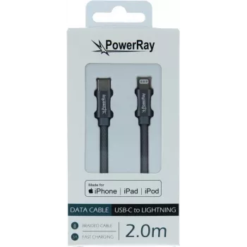 PowerRay USB-C naar Lightning MFi gevlochten kabel 2m grijs PR-DCCL200TGY