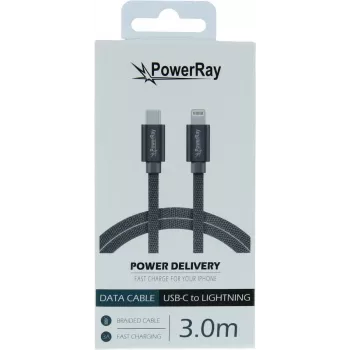 PowerRay USB-C naar Lightning gevlochten kabel 3m textiel grijs PR-DCCL300TGY