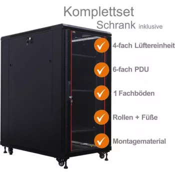 IT-BUDGET 19 inch netwerkkast SRK compleetset - 18U - 600x1000 mm - glas-/massief stalen deur - 4 actieve ventilatoren - PDU - legborden - voorgemonteerd - zwart 99ITB19SRK18610GSM