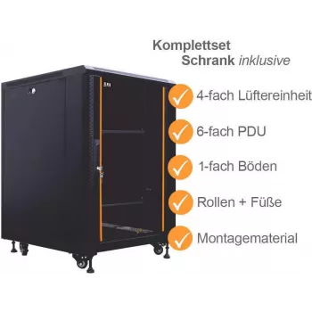 IT-BUDGET 19 inch netwerkkast SRK compleetset 12U 600x800 mm glas-/stalen deur 4 actieve ventilatoren PDU legborden voorgemonteerd zwart 99ITB19SRK1268GSM