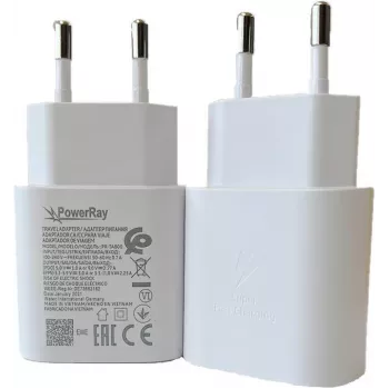 PowerRay PR-TA800EWE 18W USB-C PD Wandlader, EU 2-pin, Wit, Bulk