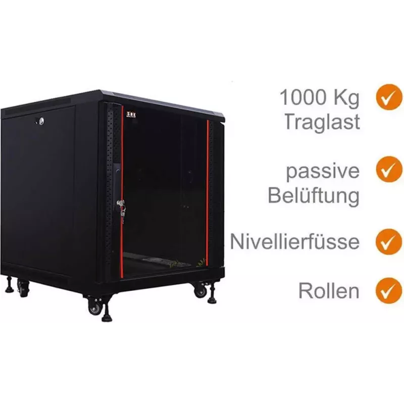 IT-BUDGET 19 inch netwerkkast SRK - 12U - 600x800 mm - glas-/stalen deur - flatpack - zwart (90ITB19SRK1268GSN)