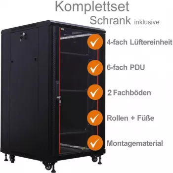 IT-BUDGET 19 inch netwerkkast SRK compleetset 22U 600x600mm glas-/stalen deur 4 ventilatoren PDU legborden voorgemonteerd zwart 99ITB19SRK2266GSM