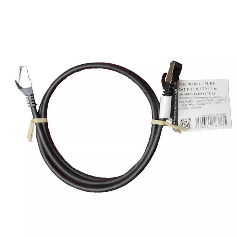 IT-BUDGET Cat.8.1 S/FTP patchkabel, 1m, zwart, 40Gbps, 2000MHz, LSZH, PoE+ 90ITBFLEX81PK1S