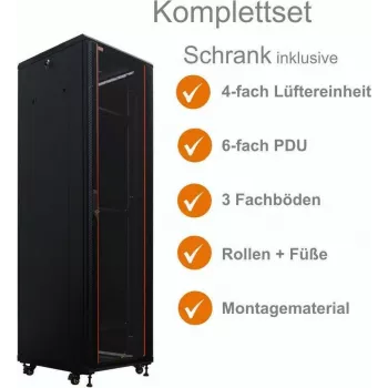 IT-BUDGET 19 inch netwerkkast SRK compleetset 38U 600x800mm glas-/stalen deur 4 actieve ventilatoren PDU legborden flatpack zwart 90ITB19SRK3868GS