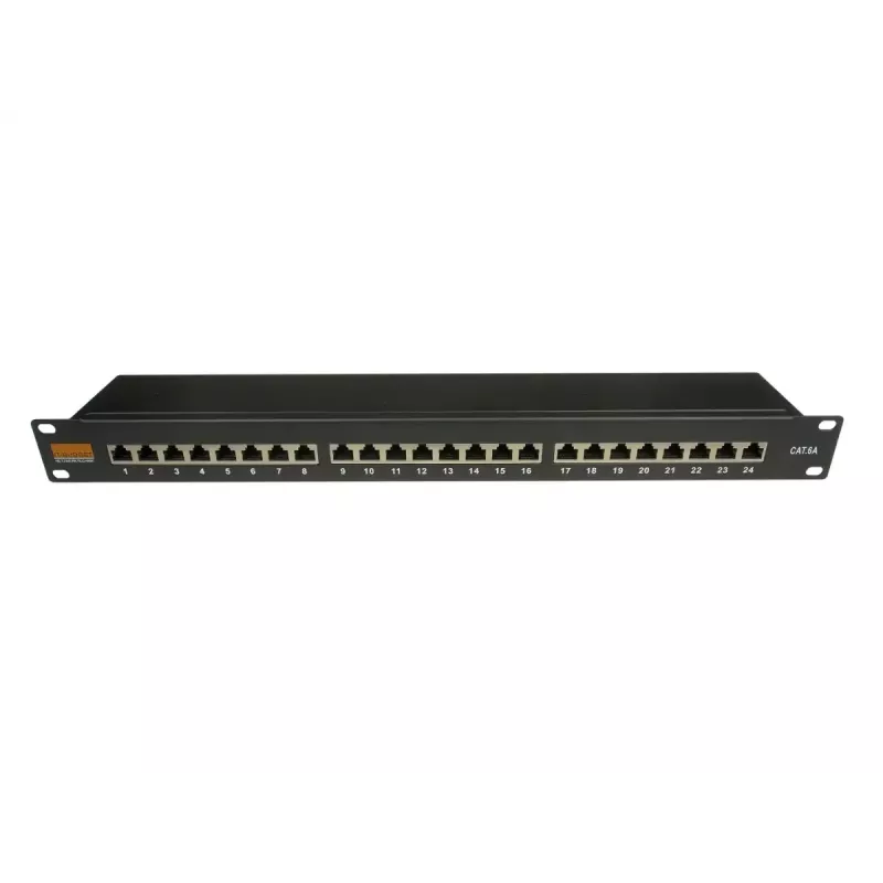 IT-BUDGET 19 inch Cat.6A afgeschermd 24-poorts patchpanel, korte bouwvorm, PoE+ geschikt, 1U, zwart 90ITBPP6A1S