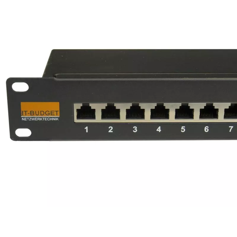 IT-BUDGET 19 inch Cat.6A afgeschermd 24-poorts patchpanel, korte bouwvorm, PoE+ geschikt, 1U, zwart 90ITBPP6A1S