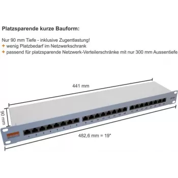 IT-BUDGET 19 inch patchpanel Profi S - korte inbouwdiepte - afgeschermd - Cat.6A - 24 poort - PoE+ geschikt - 1U - lichtgrijs (90ITBPP6A1G)