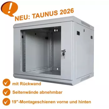 IT-BUDGET 19 inch netwerkkast TAUNUS - 12U, 450 mm diepte, afsluitbare glazen deur, lichtgrijs (90ITB191245GG)