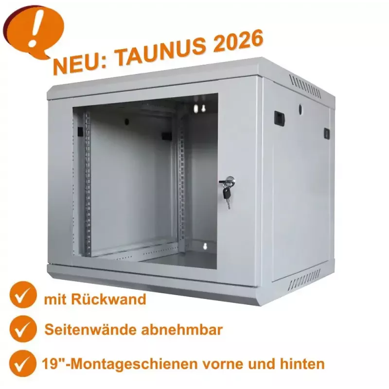 IT-BUDGET 19 inch netwerkkast TAUNUS - 12U, 450 mm diepte, afsluitbare glazen deur, lichtgrijs (90ITB191245GG)