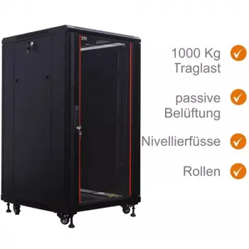 IT-BUDGET 19 inch netwerkschrank SRK - 22U - 600x600 mm - glazen deur voor / stalen deur achter - flatpack - zwart (90ITB19SRK2266GSN)