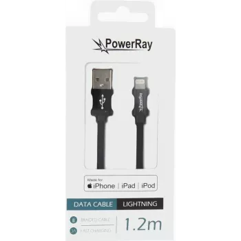 PowerRay PR-DCUL120TBK USB-A naar Lightning MFi-gecertificeerde gevlochten nylon data- en oplaadkabel, 1,2 m, zwart