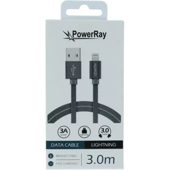 PowerRay USB-naar-Lightning data- en oplaadkabel 3m textiel grijs PR-DCUL300TGY