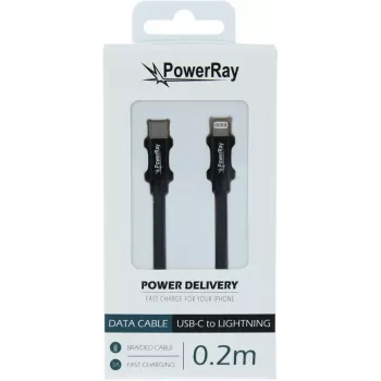 PowerRay PR-DCCL020TBK USB-C naar Lightning datakabel, 0,2 m, textiel zwart, blister