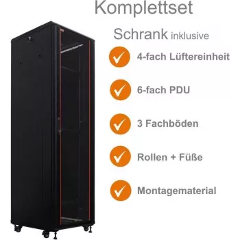 IT-BUDGET 19 inch netwerkkast SRK compleetset 42U 600x600 mm glas-/stalen deur 4 ventilatoren PDU legborden voorgemonteerd zwart 99ITB19SRK4266GSM