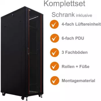 IT-BUDGET 19 inch serverrack SRK compleetset - 42U - 600x1000 mm - geperforeerde dubbele deuren voor & achter - 4 actieve ventilatoren - PDU - legborden - flatpack - zwart (90ITB19SRK42610DTS)