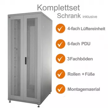 IT-BUDGET 19 inch serverkast SRK compleetset 42U 800x1000 mm geperforeerde dubbele deuren lichtgrijs 90ITB19SRK42810DTG
