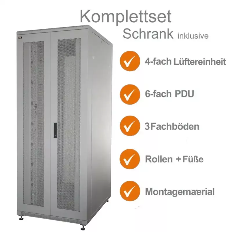 IT-BUDGET 19 inch serverkast SRK compleetset 42U 800x1000 mm geperforeerde dubbele deuren lichtgrijs 90ITB19SRK42810DTG