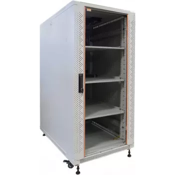 IT-BUDGET 19 inch netwerkkast SRK compleetset, 22U, 600x800 mm, glas-/stalen deur, 4 actieve ventilatoren, PDU, legborden, flatpack, lichtgrijs 90ITB19SRK2268GG
